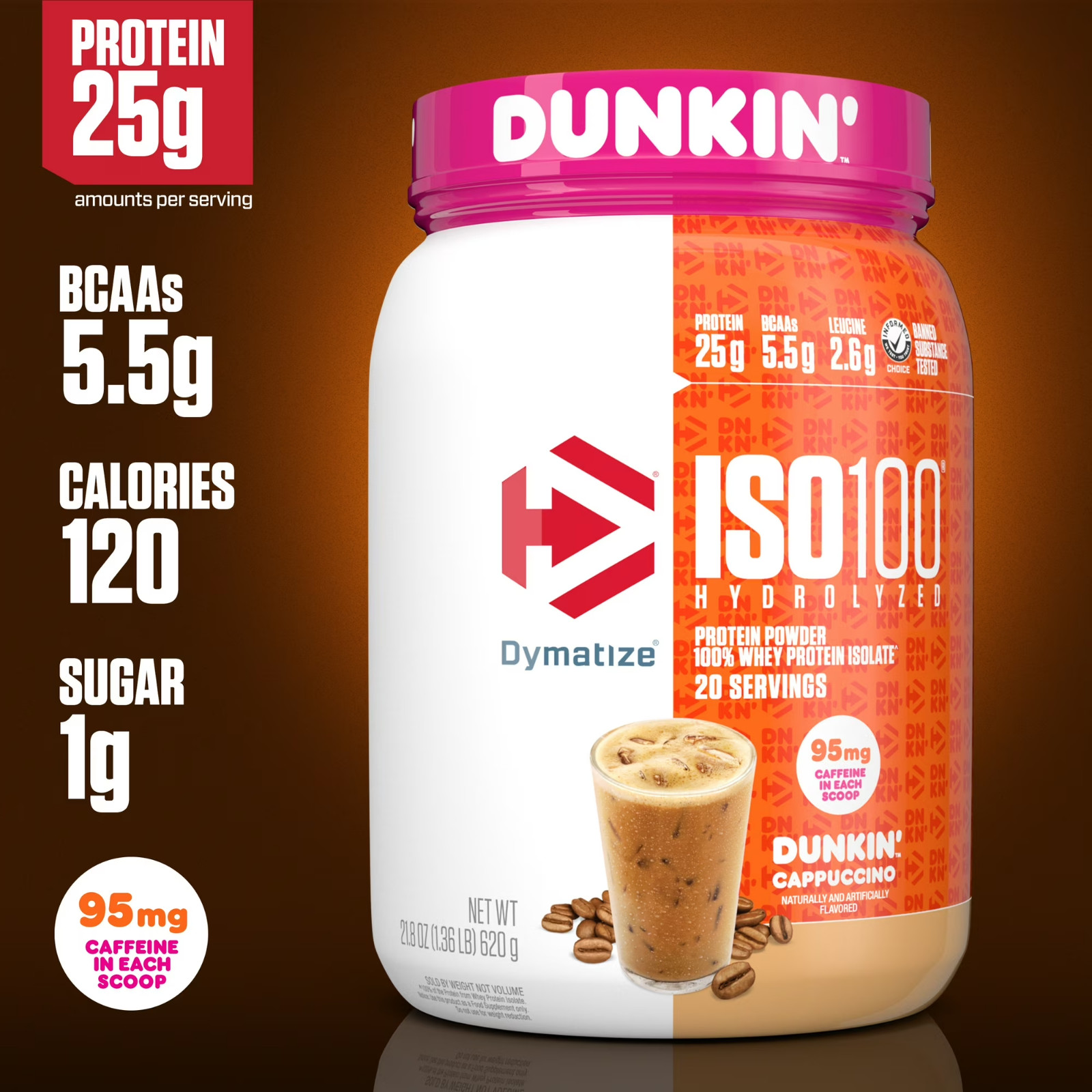 NEW Dymatize ISO100 Hydrolyzed Whey Isolate Protein Powder, Dunkin’ Cappuccino