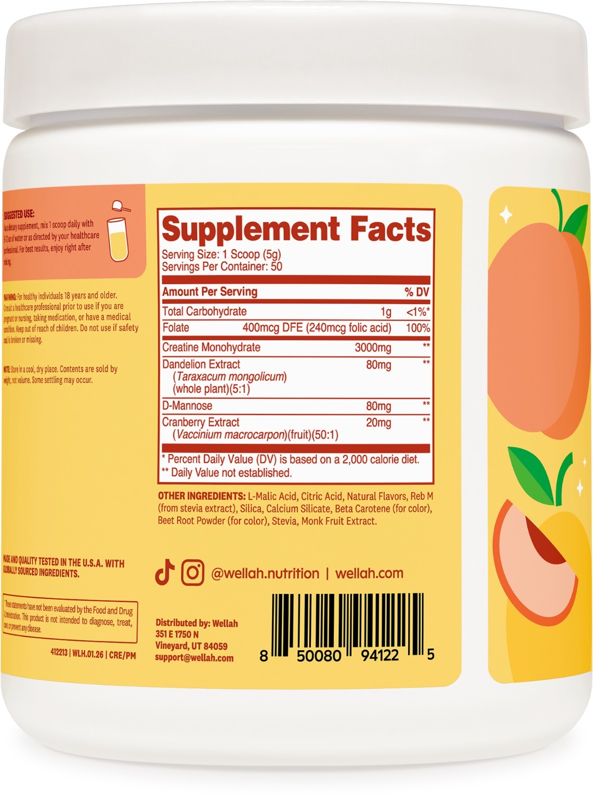 Wellah Creatine for Women – Creatine Monohydrate (50 Servings, Peach Mango)