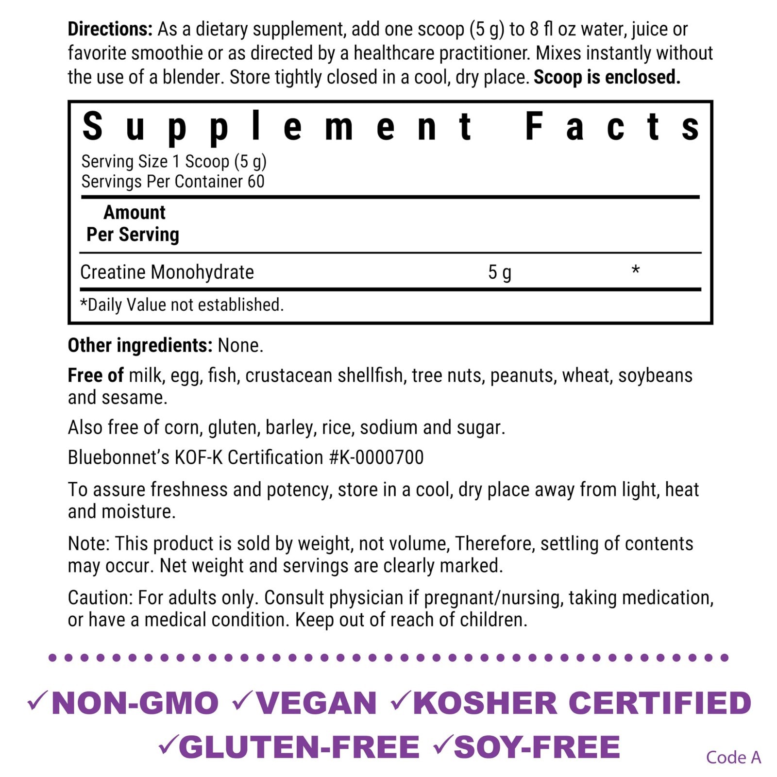 Micronized Creatine Monohydrate 5g – Supports Lean Muscle, Vegan, Non-GMO, Glute