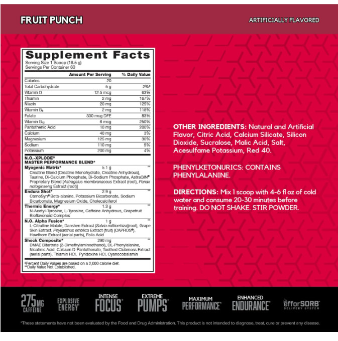 New Pre Workout N.O.-XPLODE, Fruit Punch 60 Servings with Creatine & Energy