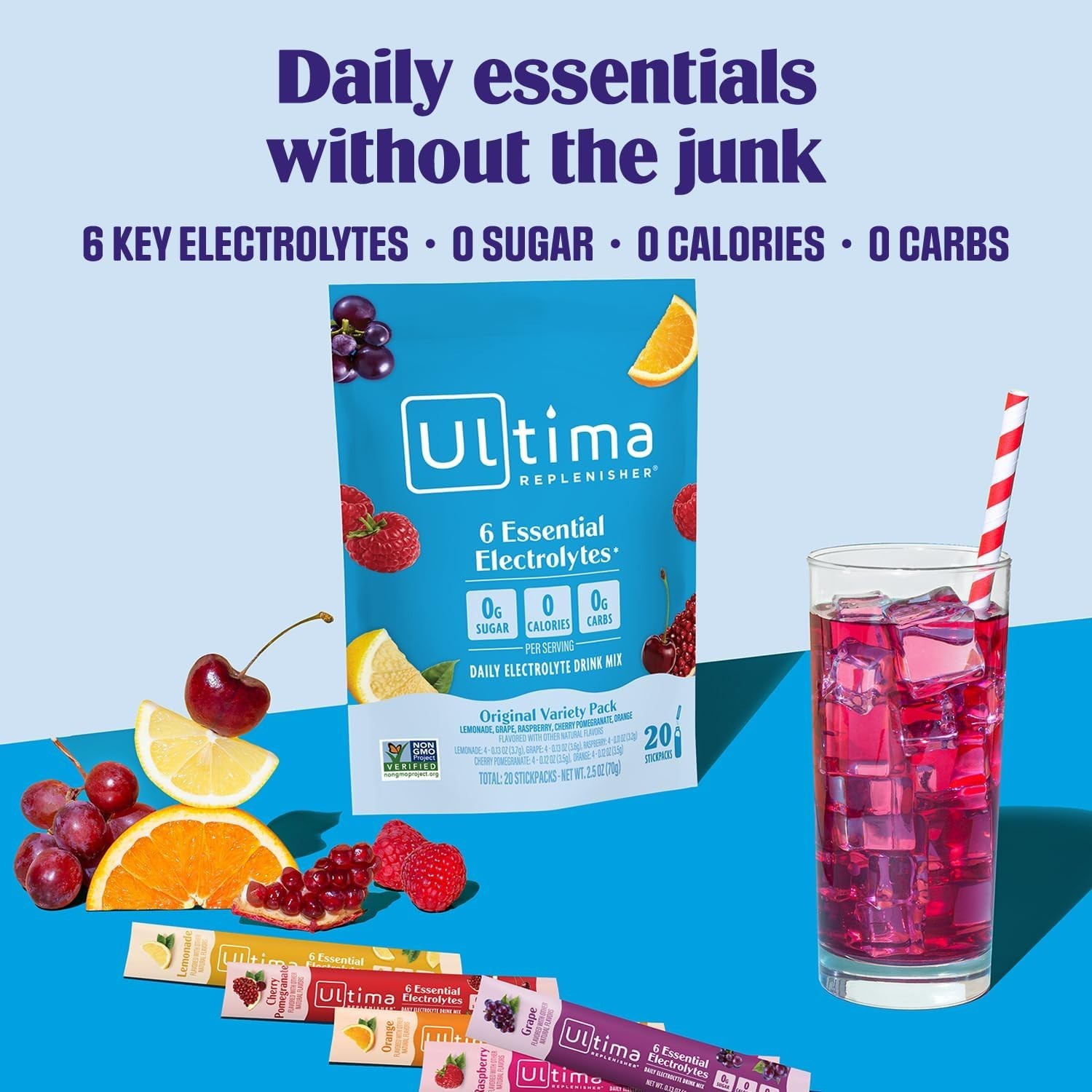 Electrolyte Boost: 20 Stickpacks of Sugar-Free, Plant-Based Hydration Powder