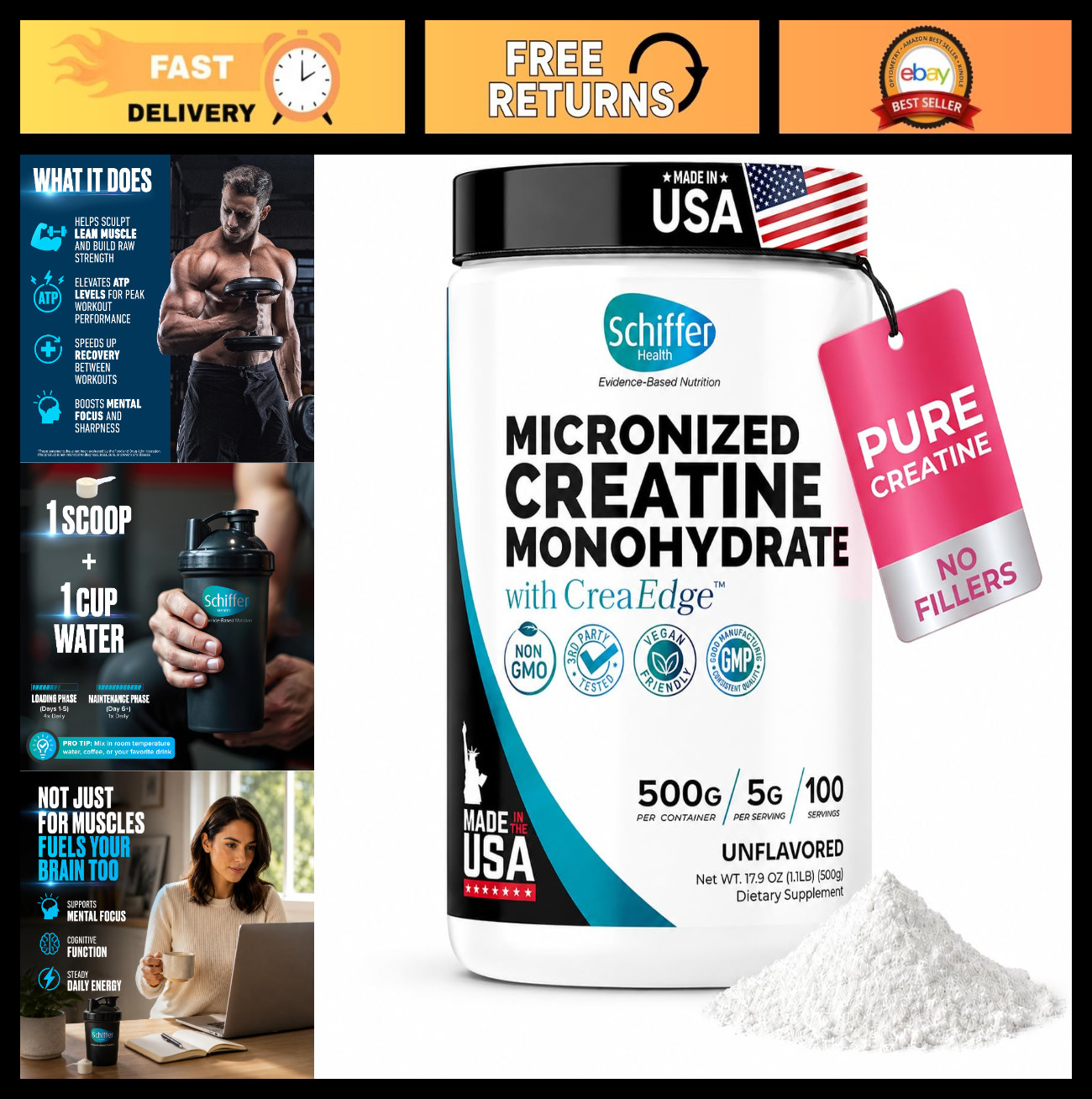 Pure Micronized Creatine Monohydrate Powder 500g – Boost Muscle Growth & Strengt