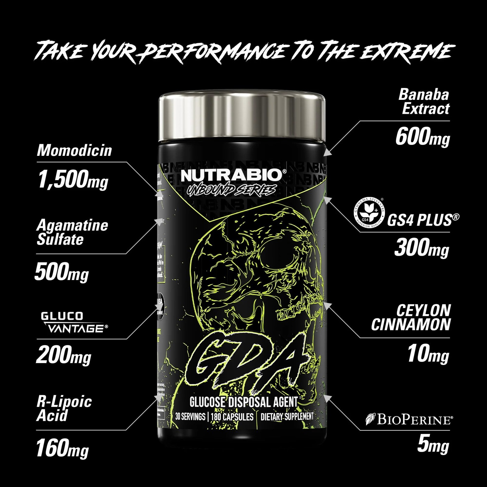 NutraBio Unbound GDA Glucose Disposal Agent 180 Capsules exp 7/27