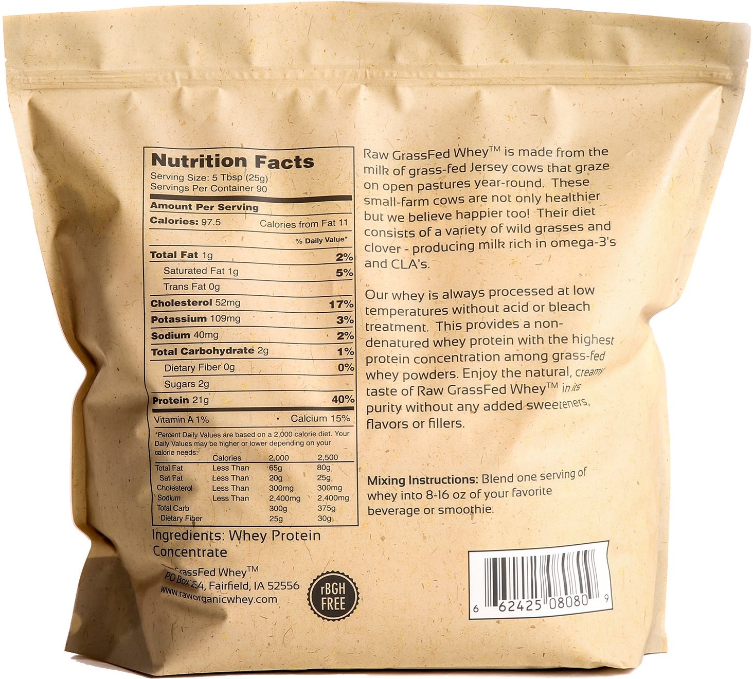 Raw Grass Fed Whey Protein Powder – Unflavored, Only 1 Ingredient: 100% Pure