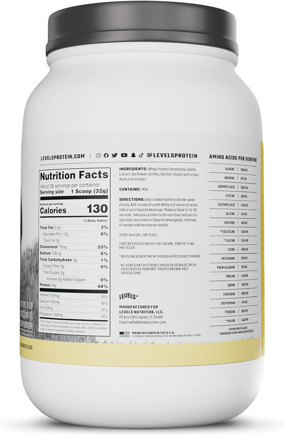 Levels Grass Fed Whey Protein Powder, No Artificials, 24G of Protein, Vanilla Be
