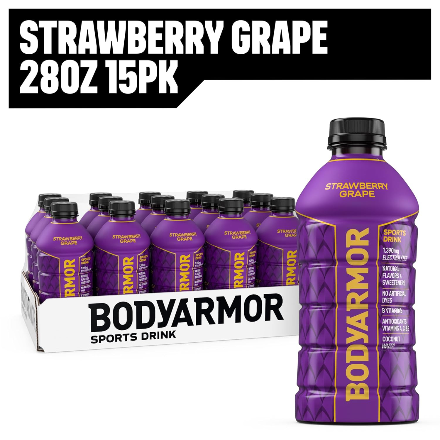 BODYARMOR Sports Drink, Strawberry Grape, 15-Pack of 28 Fl Oz Hydration Bottles