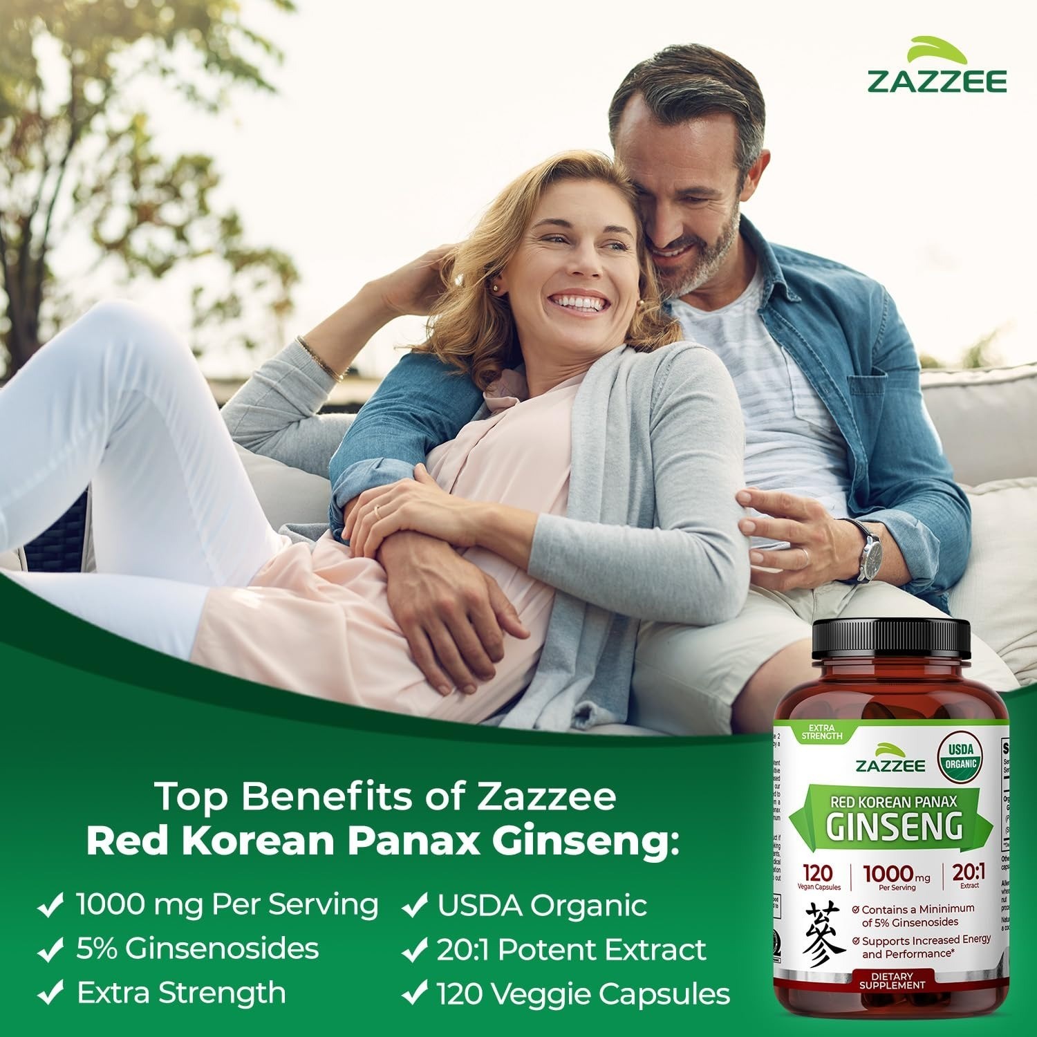 Zazzee Organic Red Korean Panax Ginseng 20:1 Extract 120 Capsules