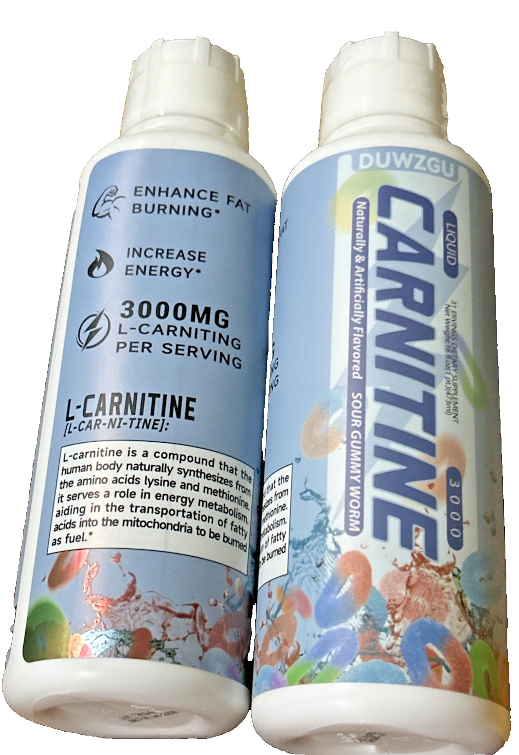 Carnitine Liquid 3000 Sour Gummy Worm Flavor TWO PACK BUNDLE 62 Servings