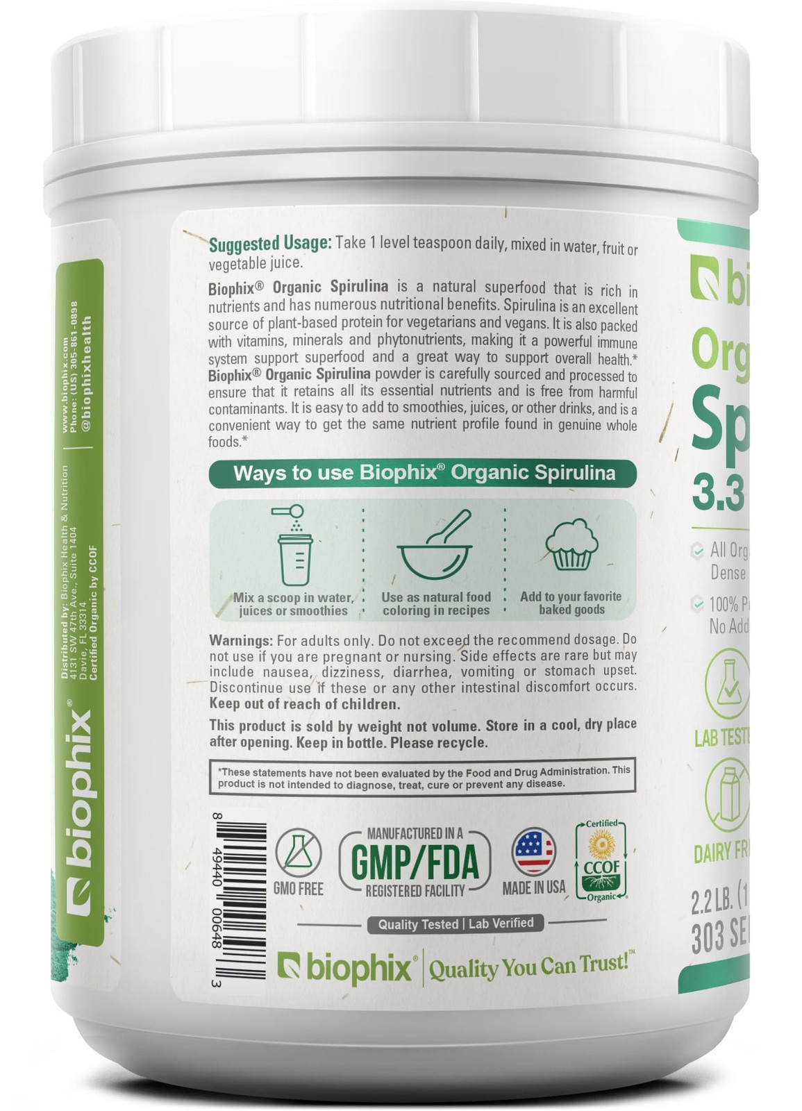 biophix Organic Spirulina Powder, 2.2 Lbs 100% Pure 35.2 Ounce (Pack of 1)