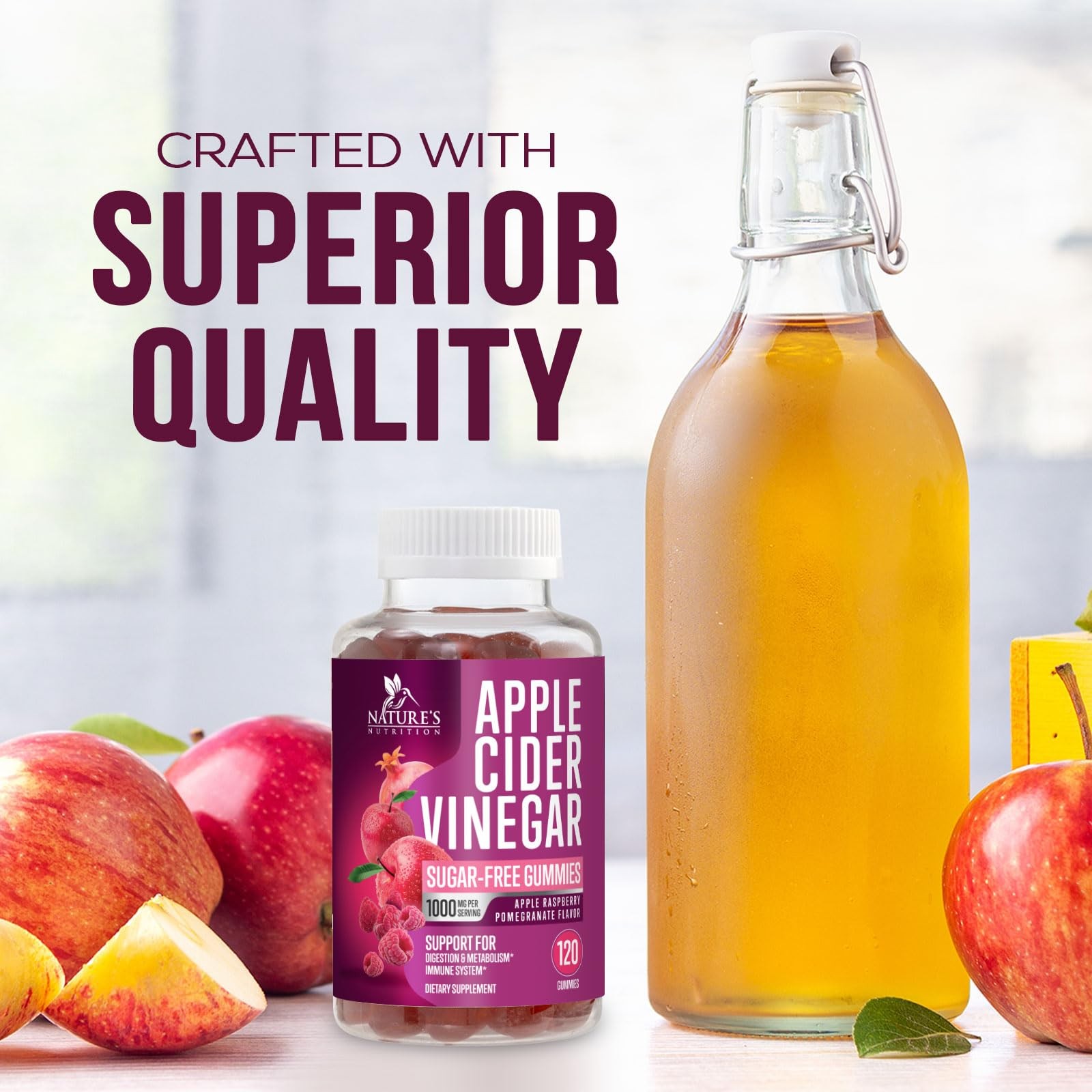 Apple Cider Vinegar Gummies 1000mg per Serving – Sugar 120 Count (Pack of 1)