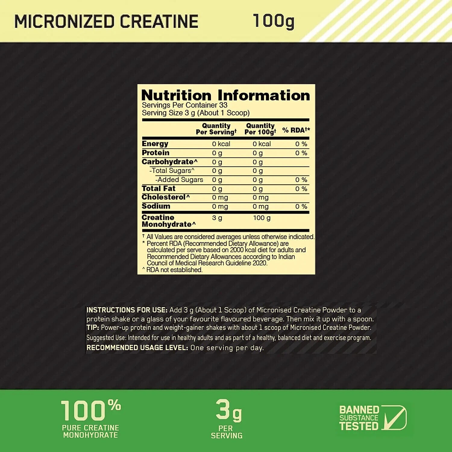 2 XOptimum Nutrition (ON) Micronized Creatine Powder 100gm 83 Serves,Unflavoured