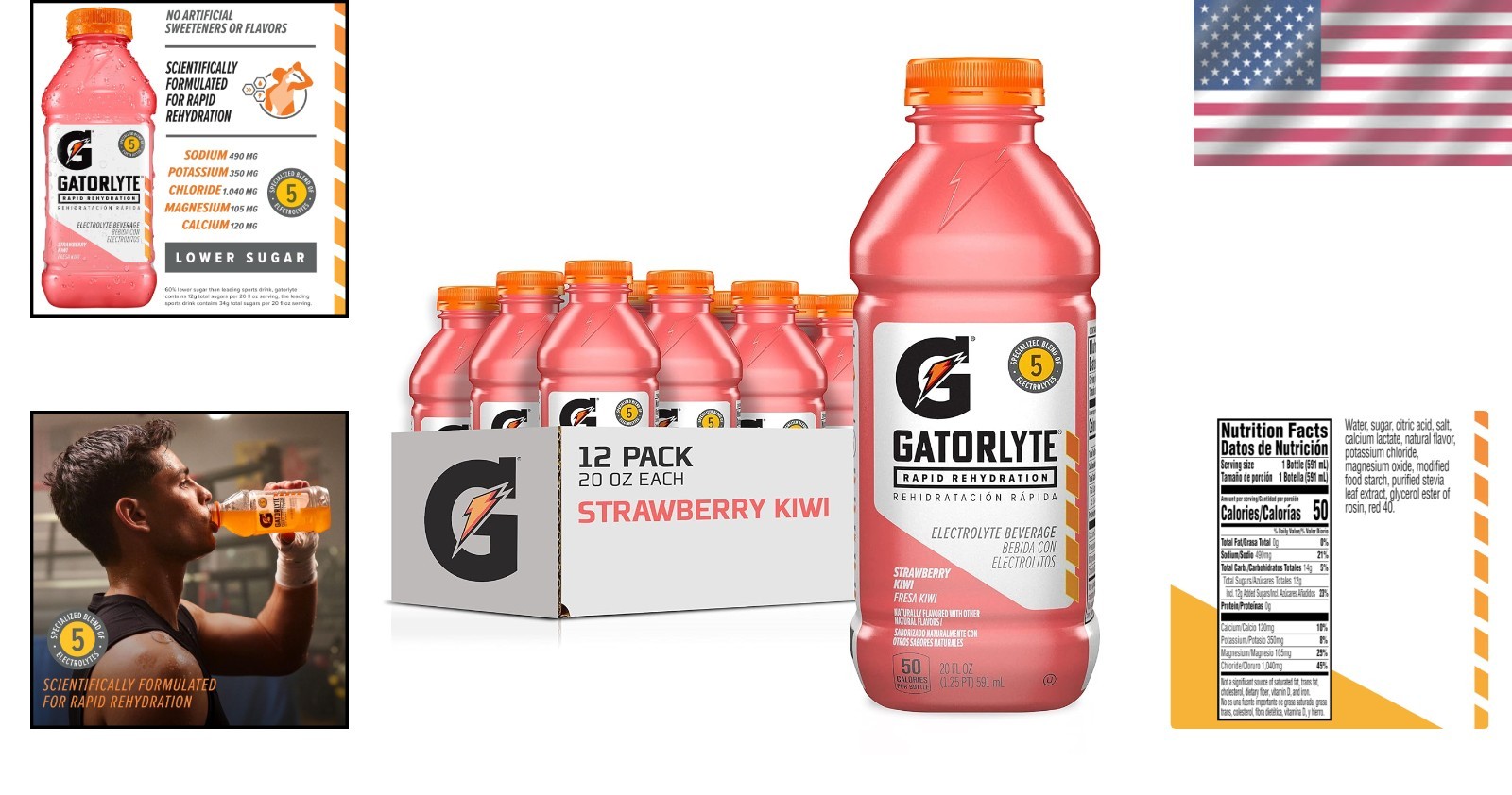 Gatolyte Electrolyte Drink – Strawberry Kiwi, 12 Pack, 20 fl oz – Low Sugar