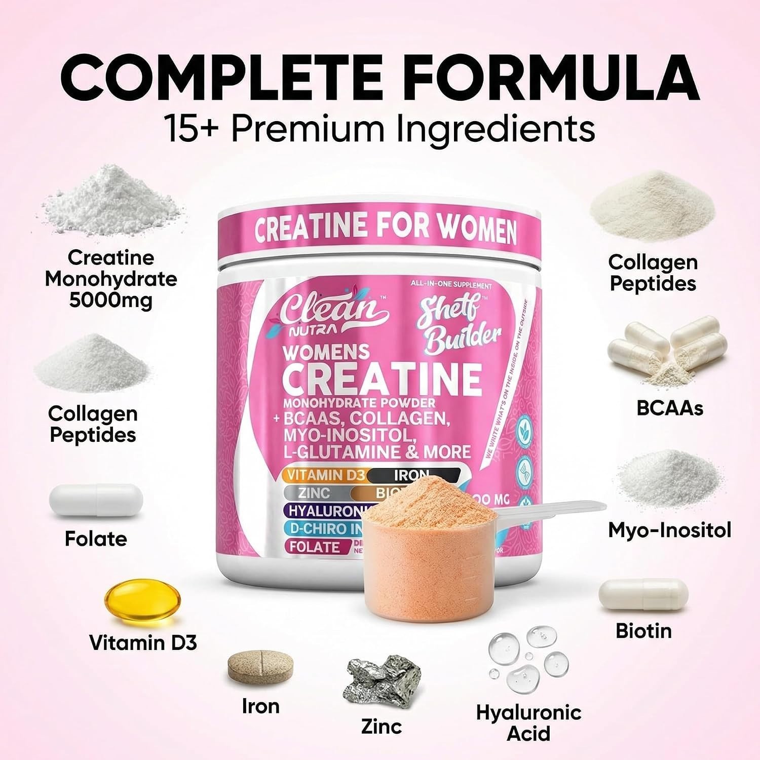 Creatine Monohydrate Powder for Women BCAA Collagen Biotin Hyaluronic Acid D3