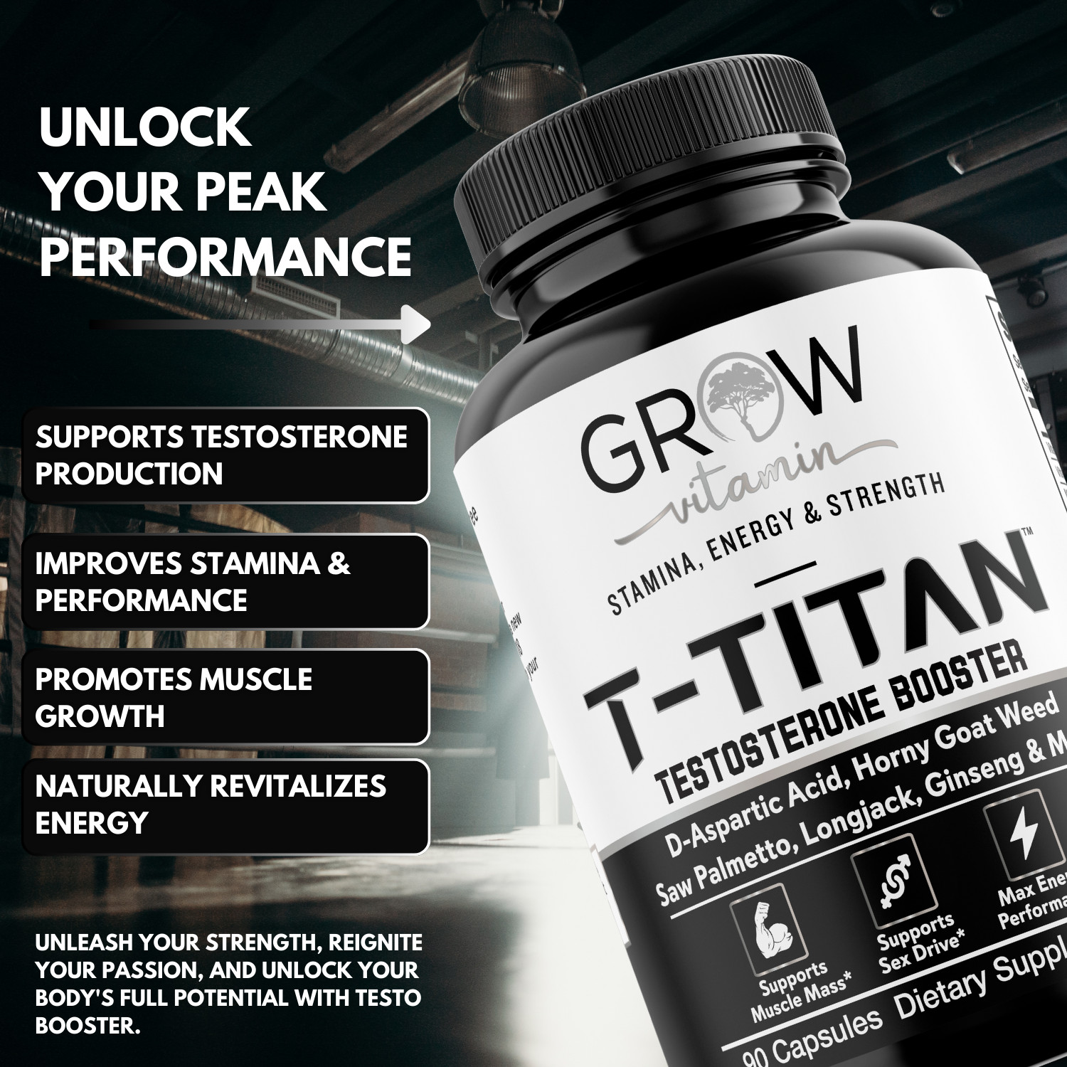 GROW T-TITAN Testo Booster + – Muscle Growth, Energy, Libido Capsules 90ct