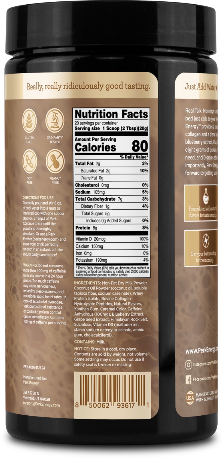 Perk Energy Original Dutch Hot Cocoa (20 Servings) – Soy Free, Peanut Free