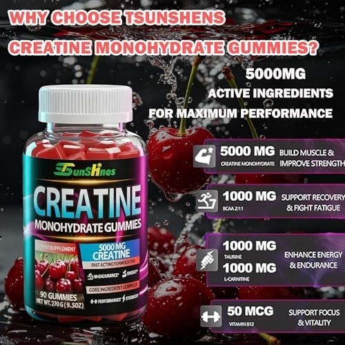 Creatine Monohydrate Gummies 5g (5000mg), Sugar-Free Creatine, Pre-Workout Energ