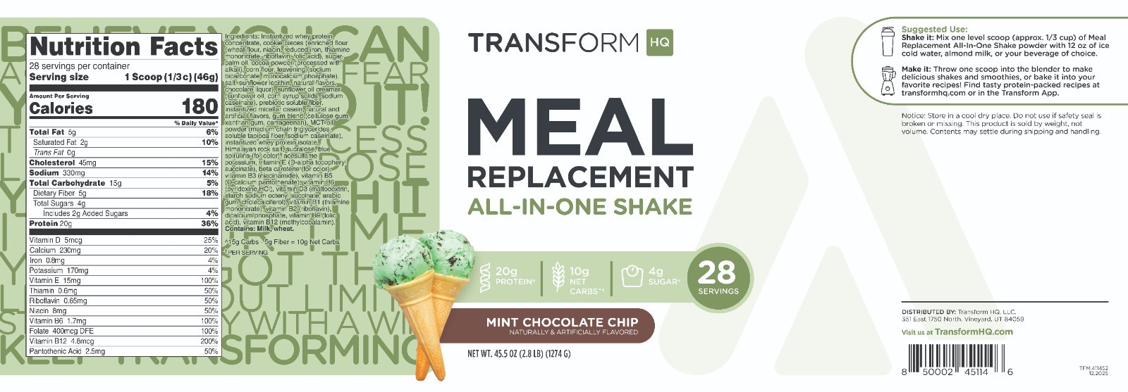 TransformHQ Meal Replacement Shake Powder 28 Servings (Mint Chocolate Chip)