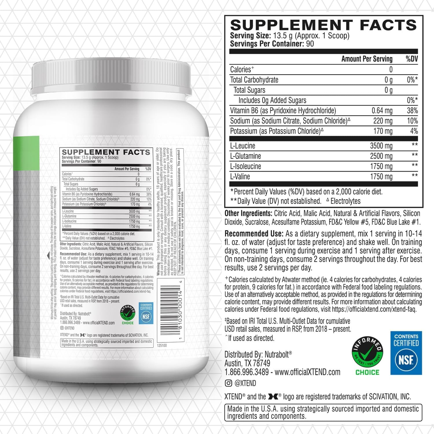 Scivation BCAA Powder 7g with L-Glutamine, Sugar-Free, 90 Servings