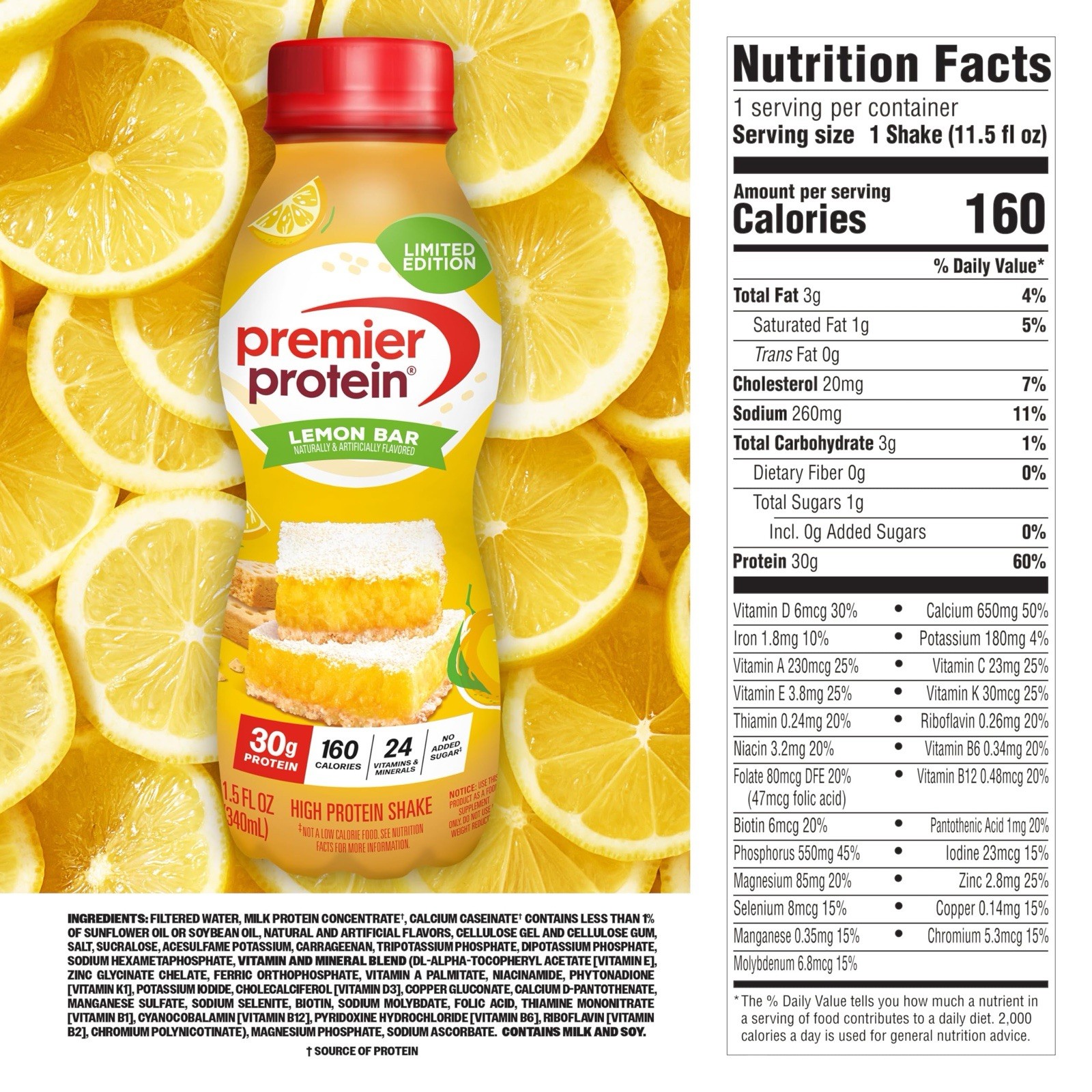Premier Protein Lemon Bar 🍋 11.5 Fl Oz (Pack of 12)