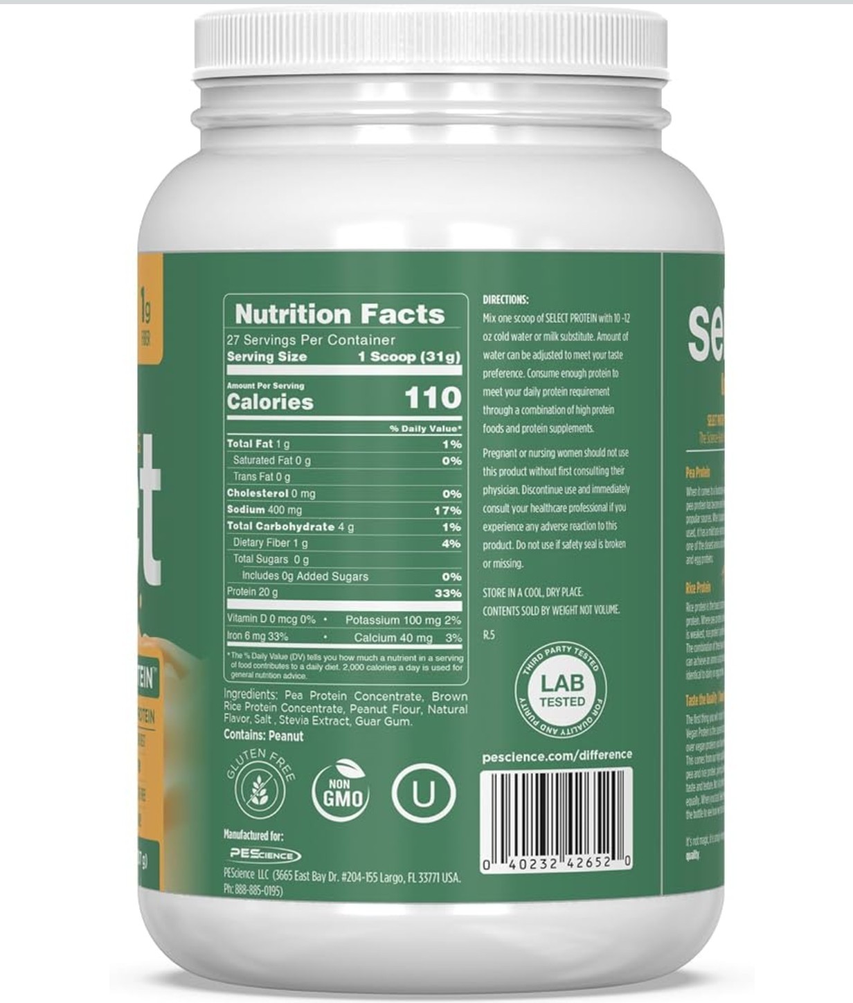 PESCIENCE SELECT PLANT PROTEIN Vegan 2lb (27 Serv) Peanut Butter BEST BY 11/26