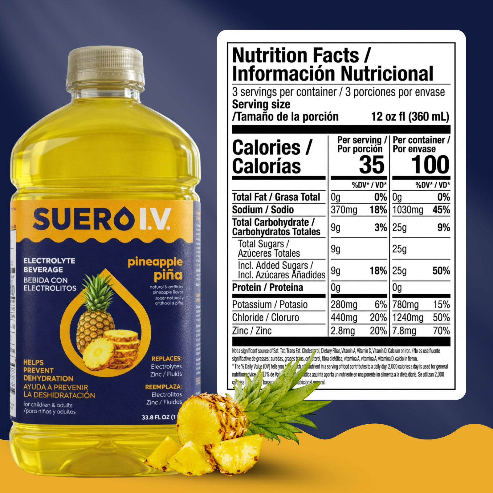 Suero I.V. Electrolyte Drink, Pineapple Flavor 33.8 fl oz – Hydrate