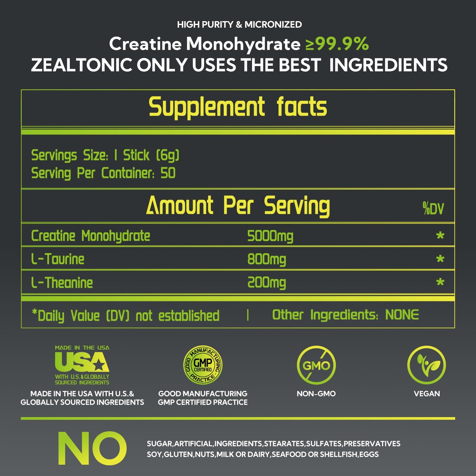 Creatine Monohydrate Stick Packs 5000mg Taurine L Theanine 50 Servings