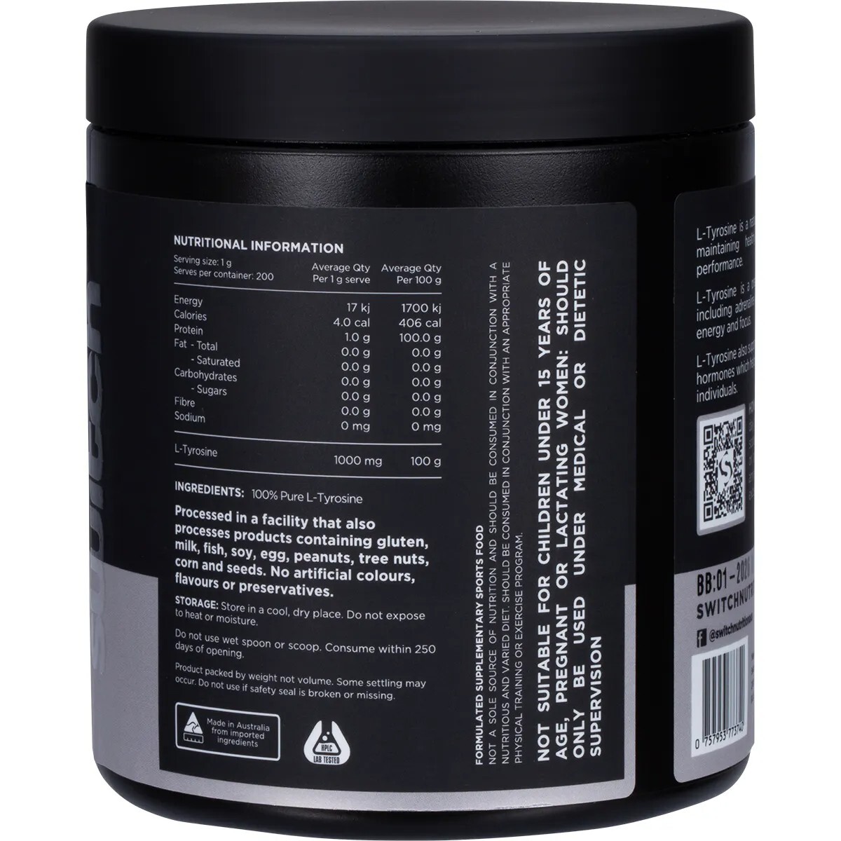 New Switch Nutrition Tyrosine Unflavoured 200g 100% Pure L-Tyrosine