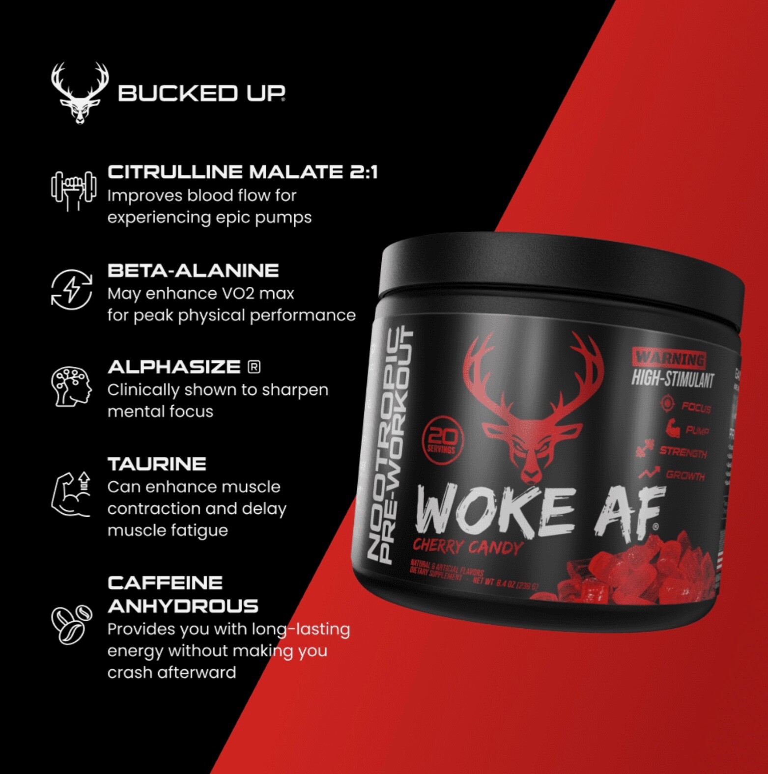 Bucked Up Woke AF Cherry Candy Nootropic Pre-Workout Powder 20 Servings Exp 5/26