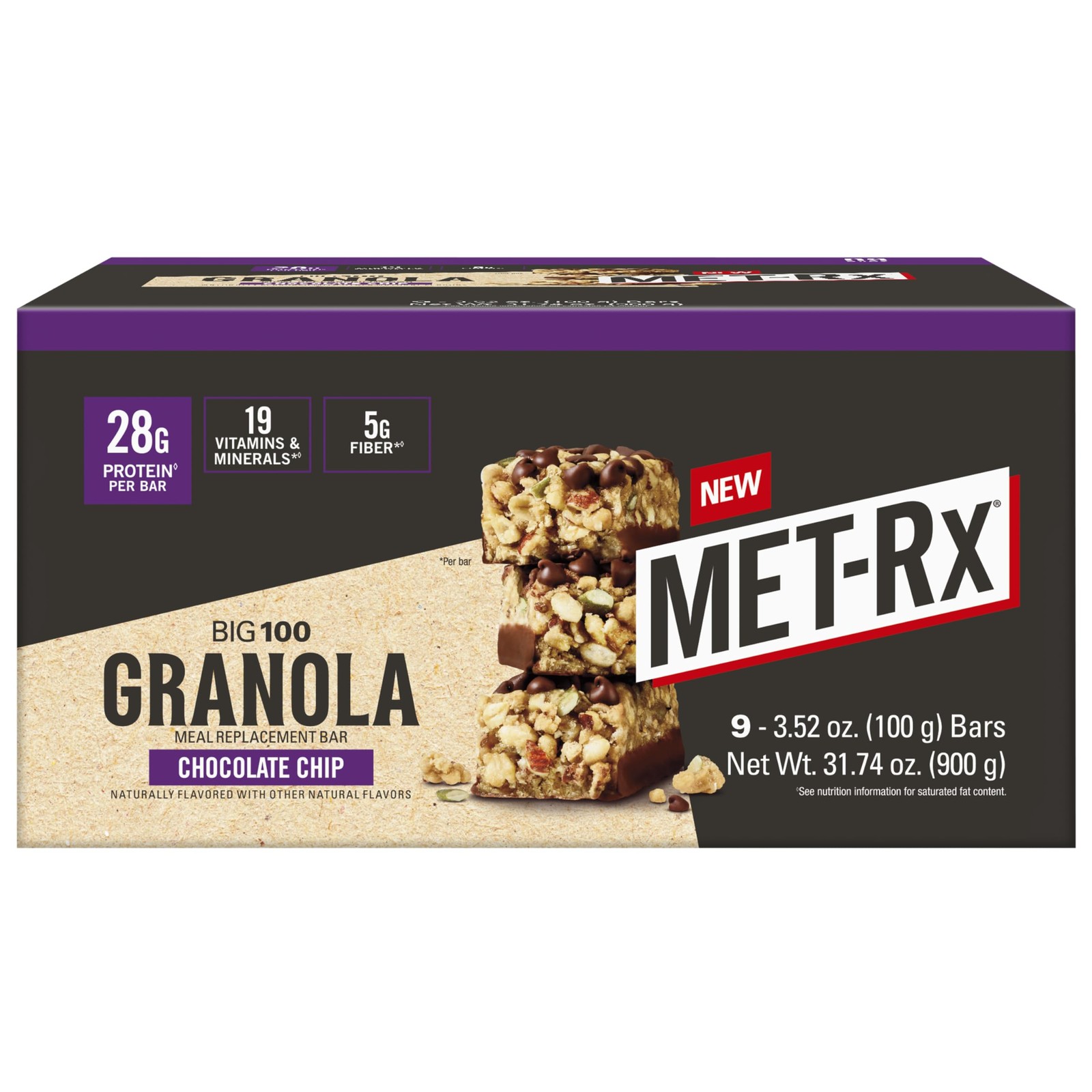 MET-Rx Big 100 Granola Protein 9 Count (Pack of 1), Chocolate Chip