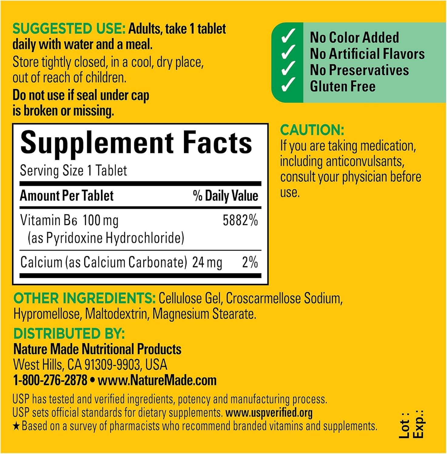 Nature Made Vitamin B6 100 mg Tabs, 100 tab