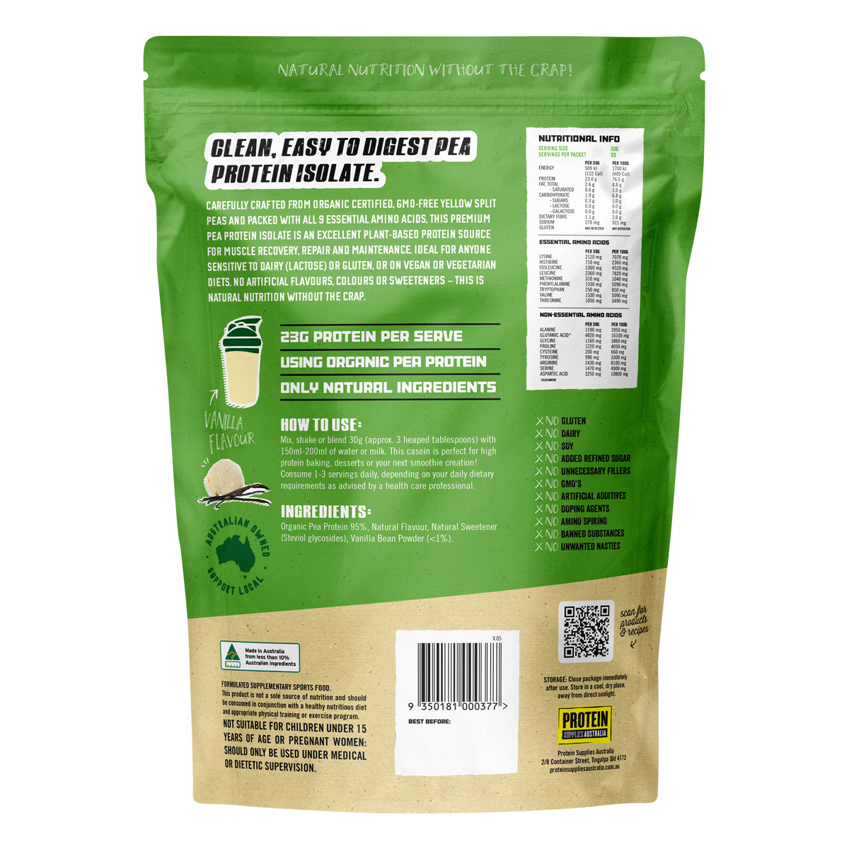 Protein Supplies Australia Pea Protein Isolate Vanilla 1kg
