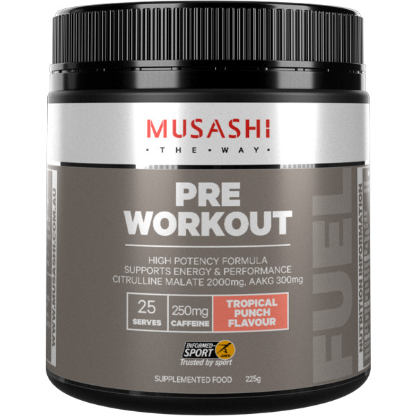 New Musashi Pre Workout Tropical Punch 225g PreWorkout 25 Serves