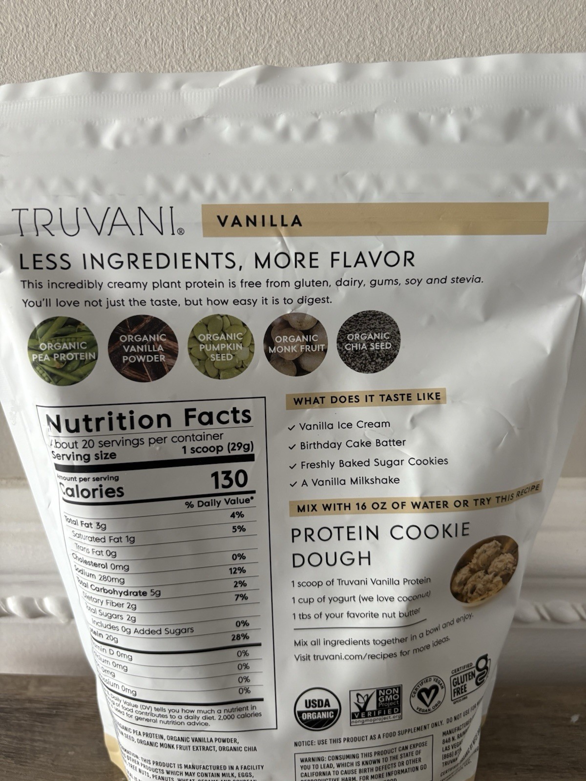 Truvani Certified Organic Plant Based Protein Vanilla Flavored Soy Free 10.47 Oz