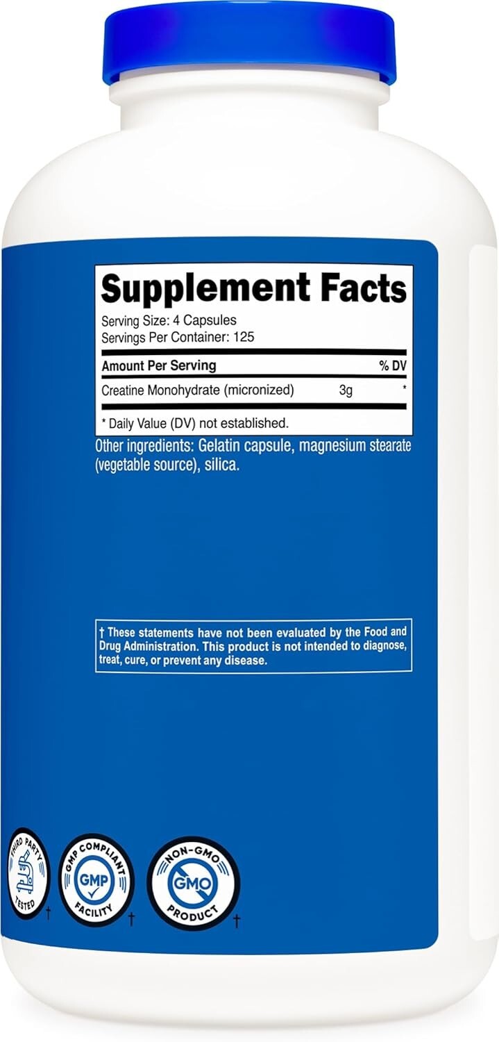 Creatine Monohydrate Capsules 3000mg – Unflavored & Gluten Free for Strength