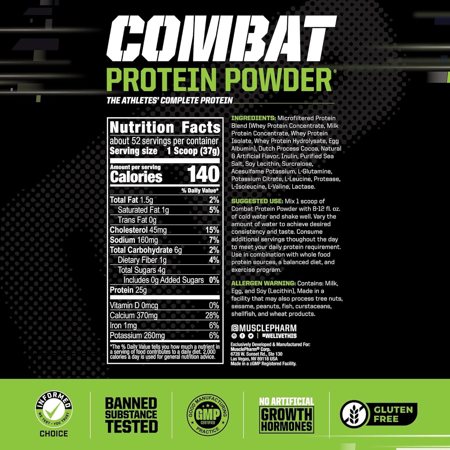 MusclePharm Combat Protein Powder Chocolate Milk 25g Protein 4.2lb