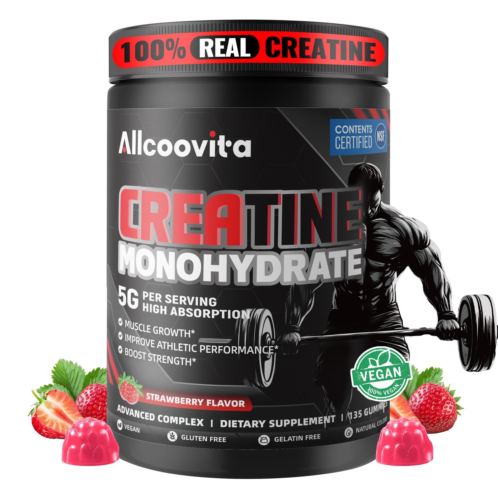 Allcoovita NSF Certified Creatine Gummy 5g 135 Count (Pack of 1), Strawberry