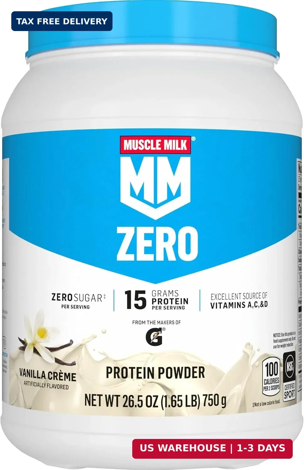 Muscle Milk ZERO, 100 Calorie Protein Powder, Vanilla, 15g Protein, 1.65 Pound,