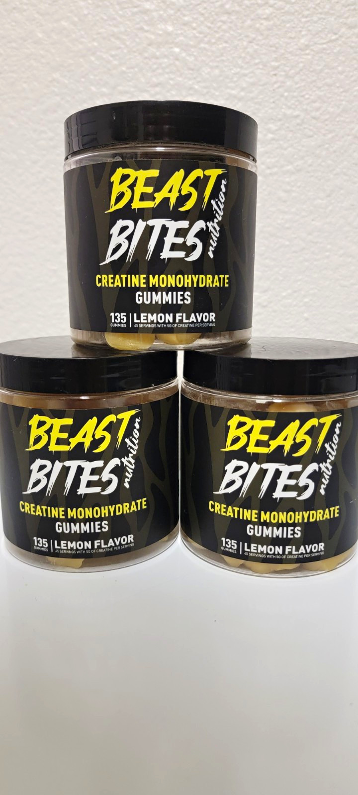 (3) Beast Bites Nutrition Creatine Monohydrate Gummies Vegan Lemon 45sv 135ct 5g