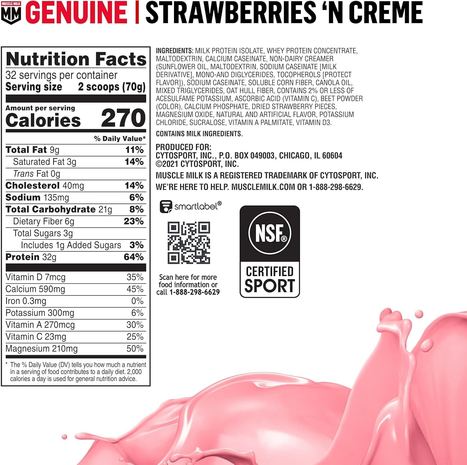 Muscle Milk Genuine Protein Powder, Strawberries ‘N Crème, 32g Protein, 4.94 LB