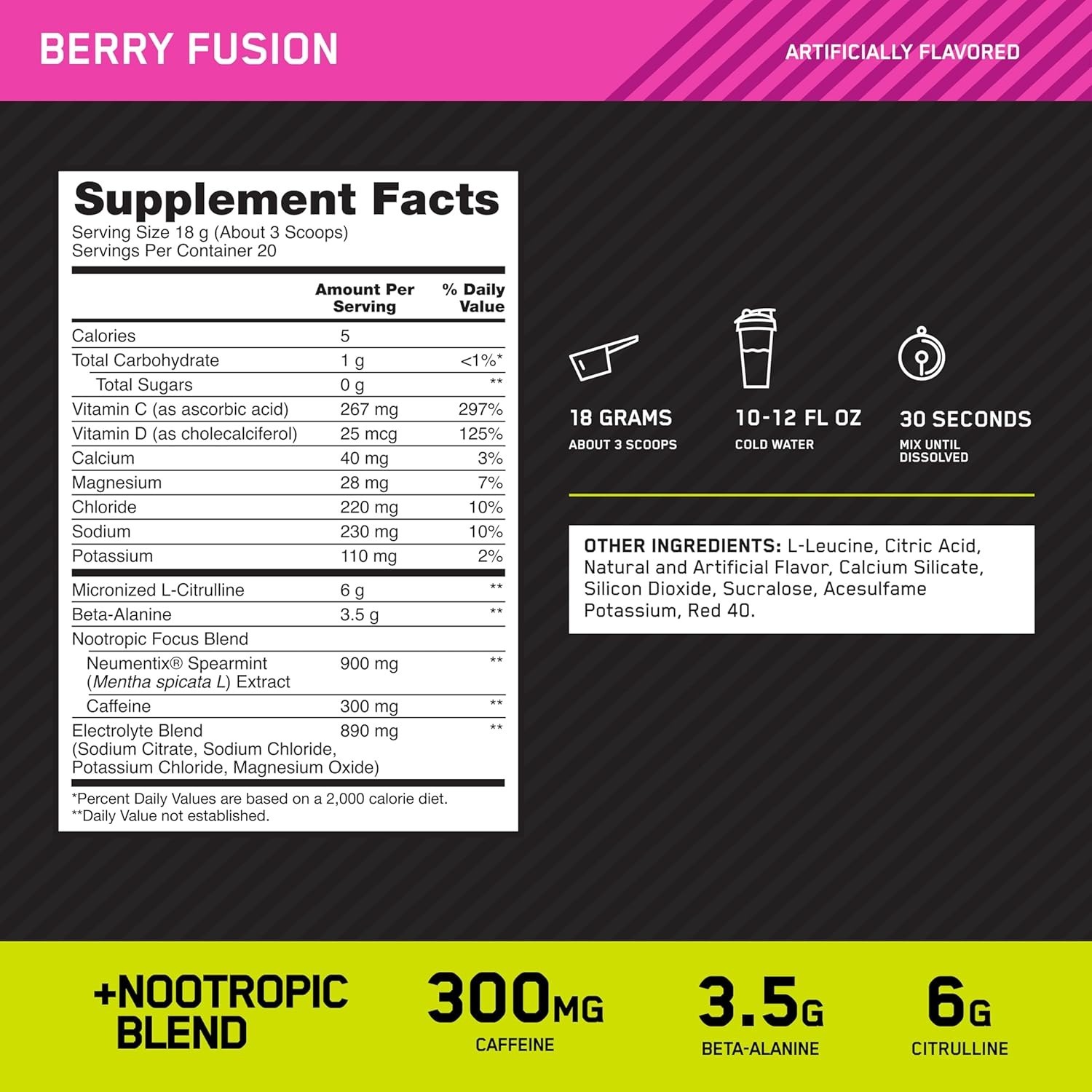 Amped Pre-Workout Powder – Berry Fusion, 20 Servings with Citrulline & Caffeine