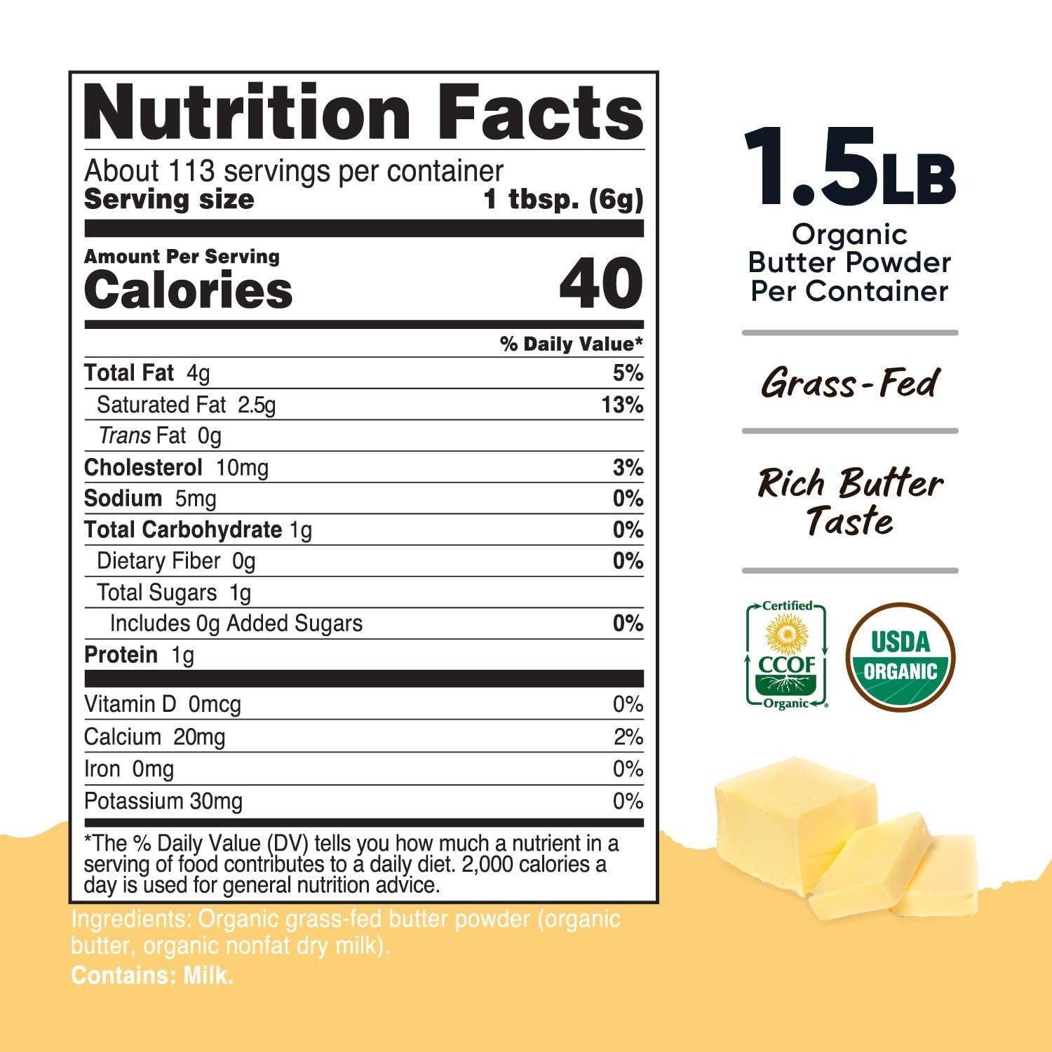 Organic Grass-Fed Butter Powder 1.5 LB | Non-GMO, Gluten-Free, Dairy Alternative