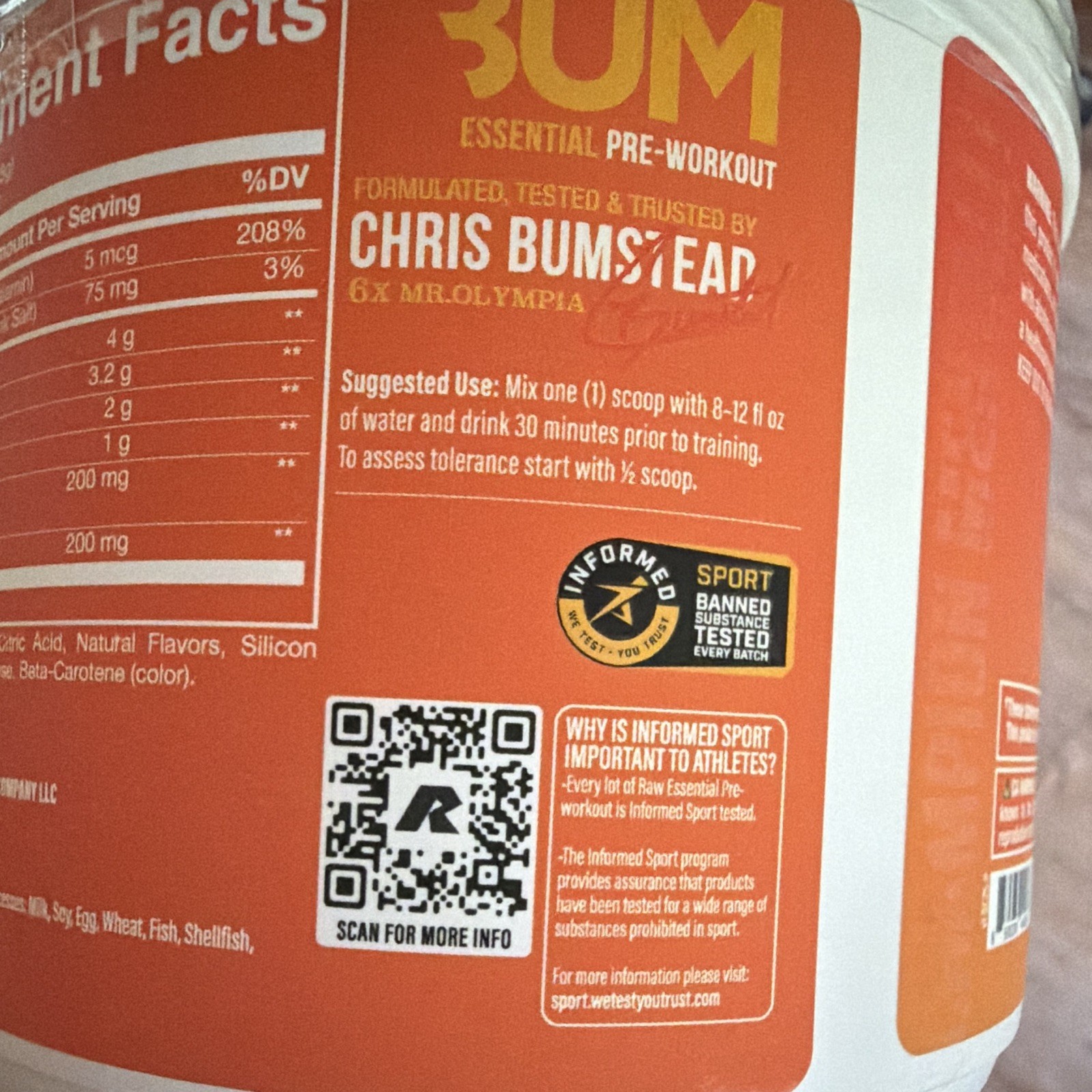 RAW Essential Pre-Workout Powder Orange 14.8 oz 30 Servings