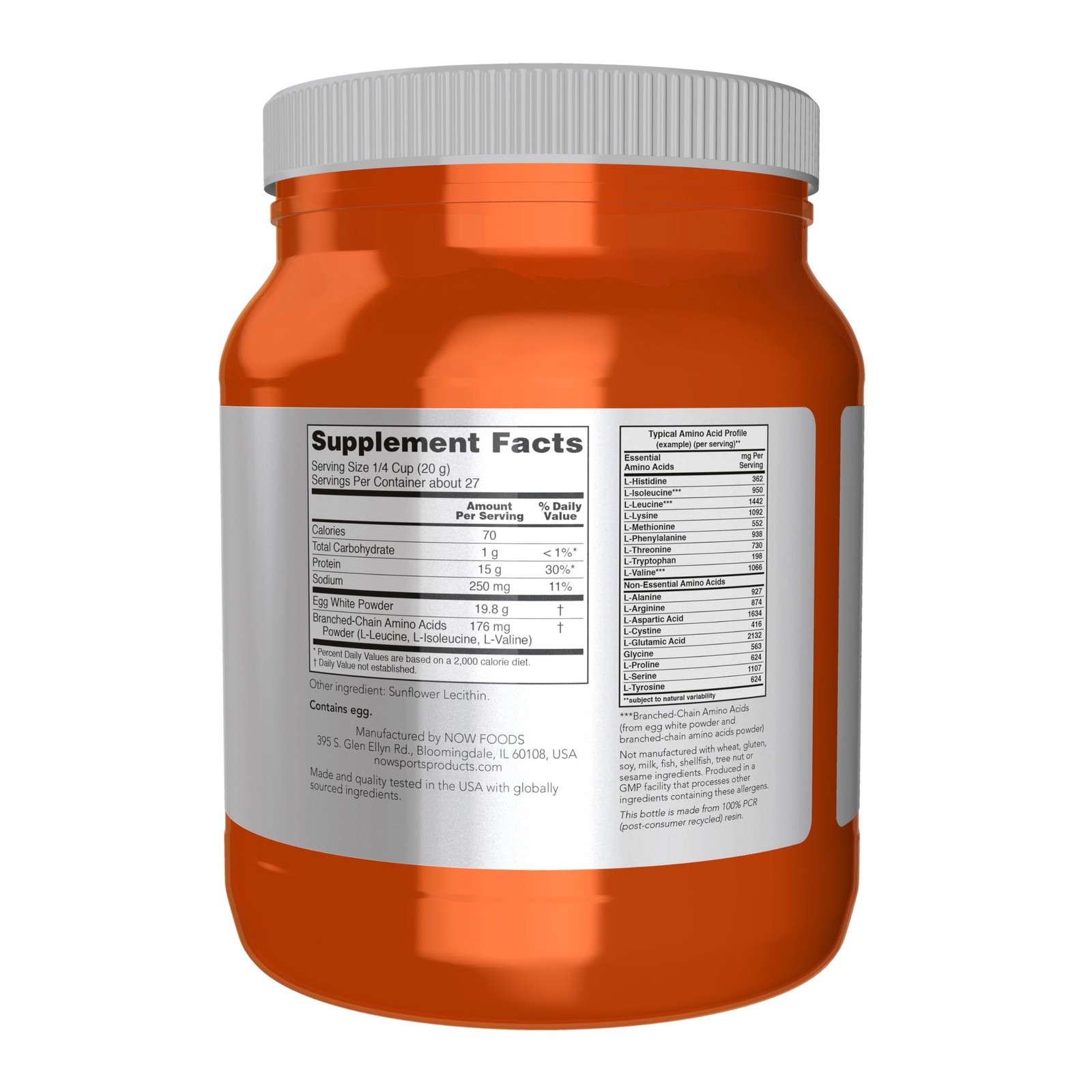 Egg White Protein Powder 16g BCAAs Unflavored 1.2 Pound NOW Foods Sports