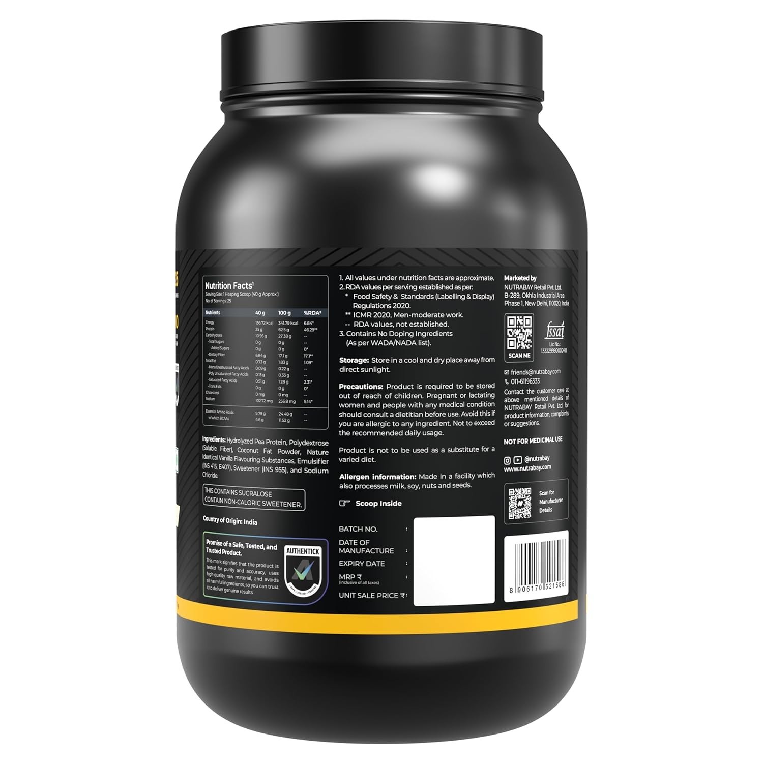 Plant Based Protein Powder 25g Protein ,4.6g BCAA | French Vanilla , 25 Servings
