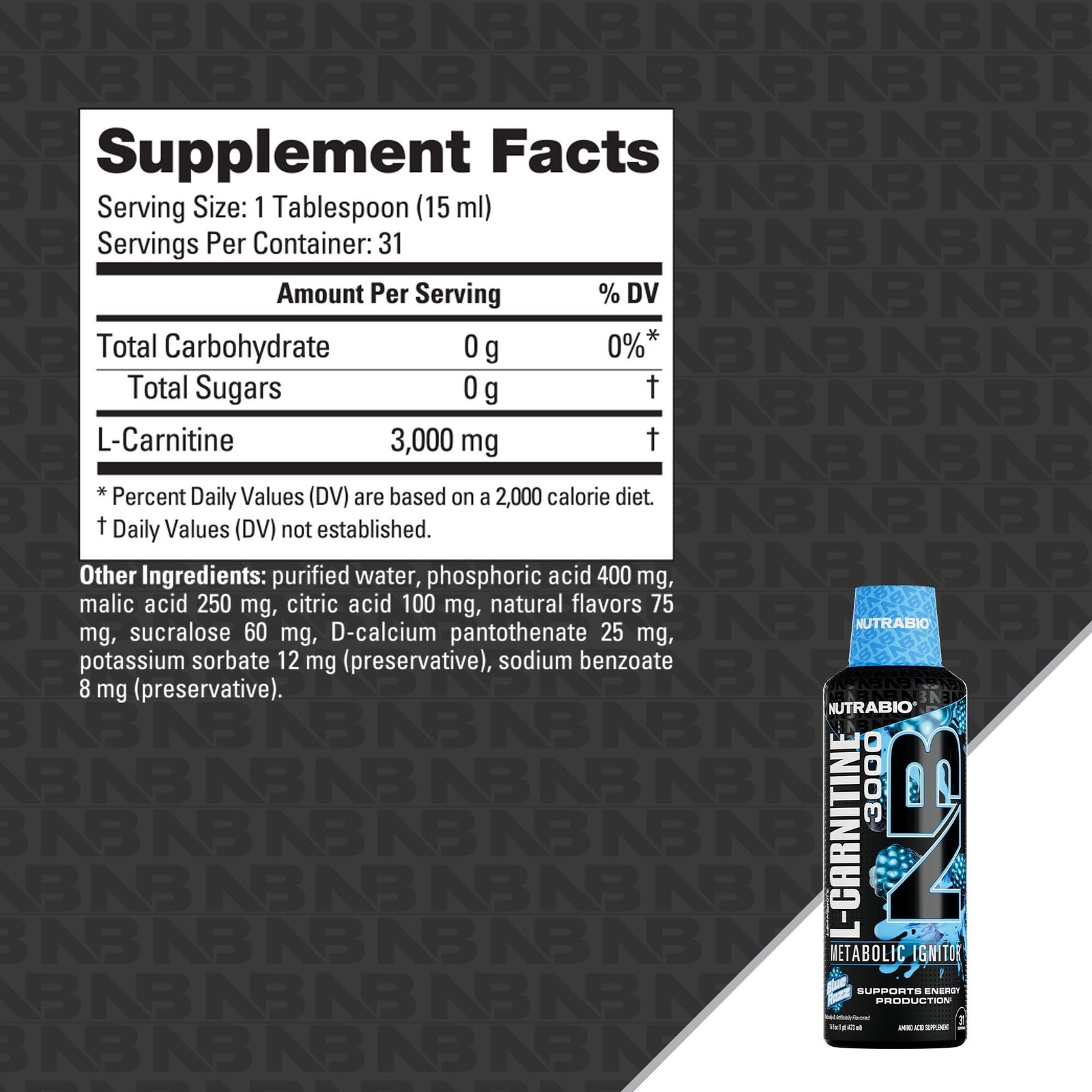 NutraBio – L-Carnitine Liquid Shots – 3000mg, 16 Fl Oz (Pack of 1), Blue