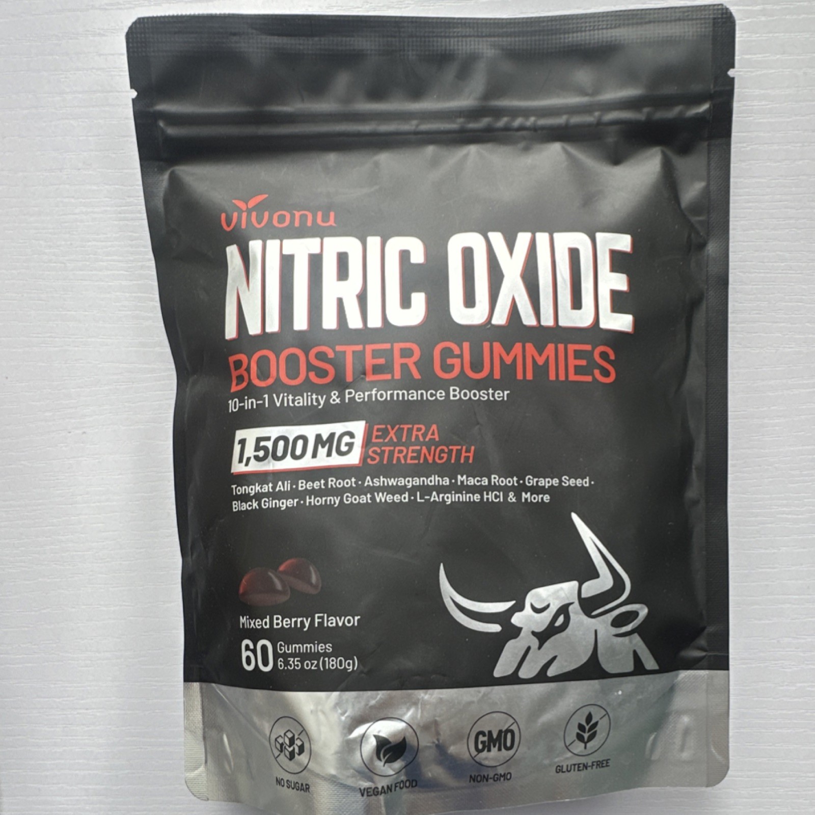 Vivonu Nitric Oxide Booster Gummies 1500mg Mixed Berry 60ct Vegan Exp 05-2027