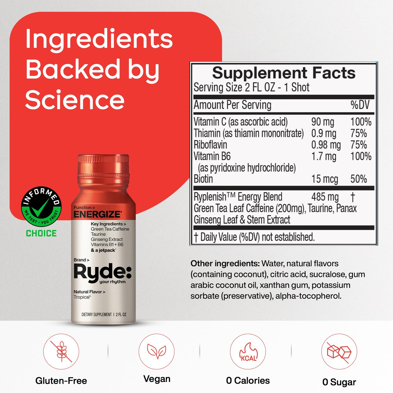 Ryde: Energy Shot, 0 Calories, 0 Sugar, Green Tea 2 Fl Oz (Pack of 24)