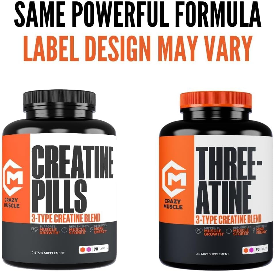 Threeatine Creatine Monohydrate Pills 5G Pure, 3X Formula for Muscle Support & T