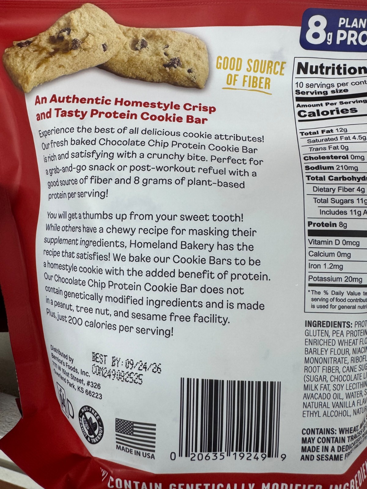 Homeland Protein Cookie Bars Chocolate Chip 2 Pack 8g Protein Snack Bars 14.1oz
