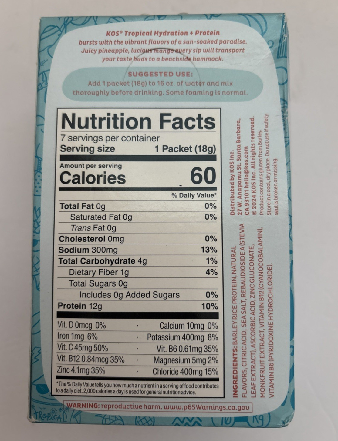 Kos Hydration Protein Nature Powered Drink Mix Tropical Electrolytes 7 Packets